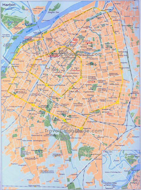 黑龙江哈尔滨与主要街道地图,景点