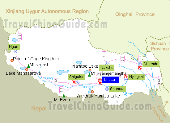 西藏地图主要城市和景点