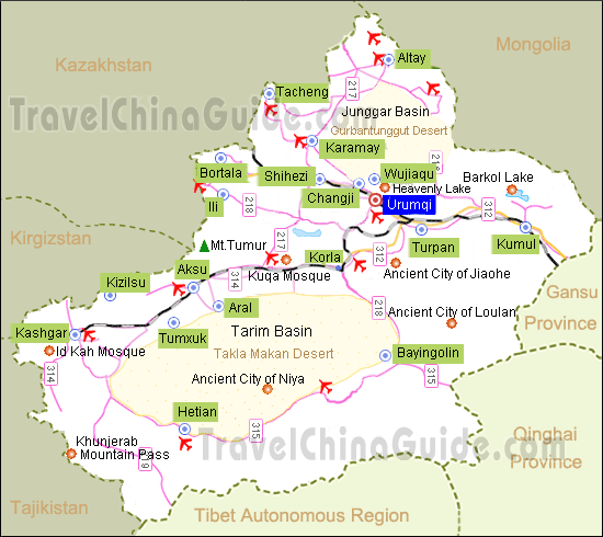 新疆主要城市和旅游景点地图